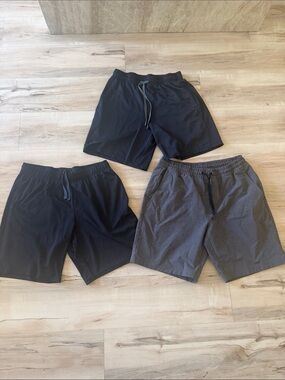 Lot of 3 Men's Athletic Pull-On Shorts - Black & Charcoal, drawstring & pockets
